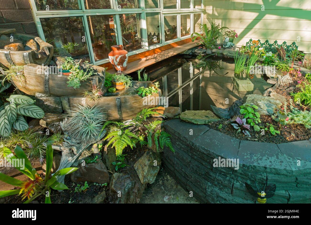 Giardino decorativo coperto cortile con acqua caratteristica con stagno e cascata, mattoni di tenuta in Australia parete e letto giardino con piante fogliame Foto Stock