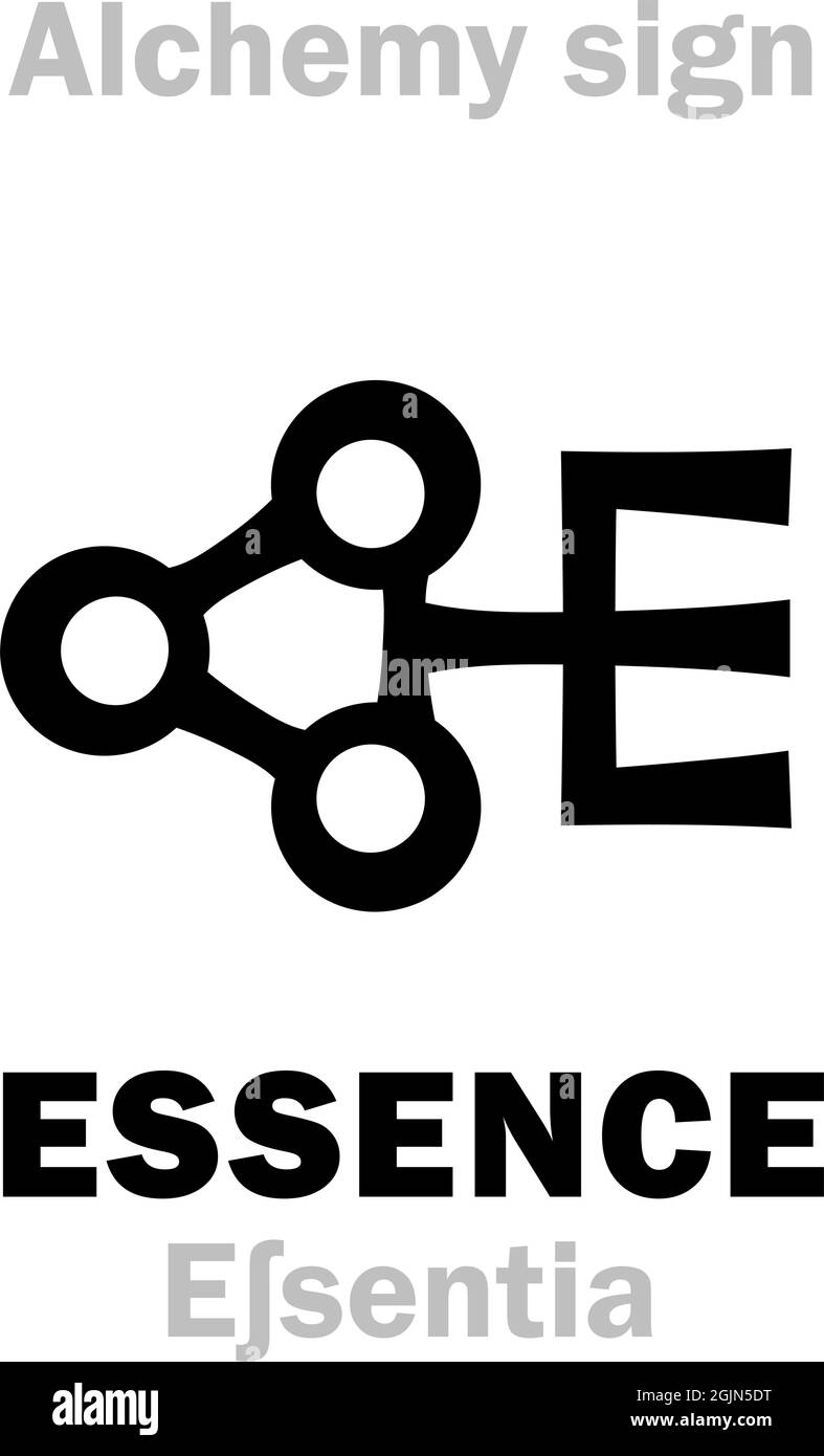 Alchemy Alphabet: ESSENCE (Essentia 'gist, core, heart, essere, contenuto, Sostanza'), assoluto, estratto, concreto, Spirito, Oli essenziali. Illustrazione Vettoriale