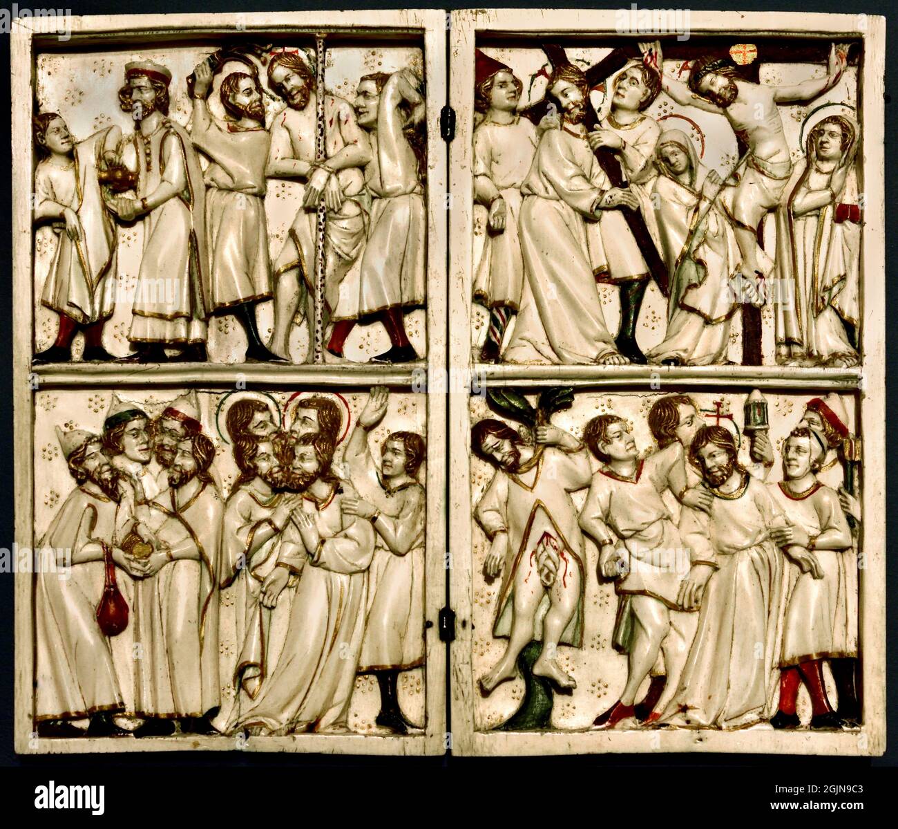 Diptych con scene della Passione, Francia metà 14 ° secolo avorio, metallo, vernice, dorato, francese, ( Passione, Gesù, Cristo, ) Foto Stock