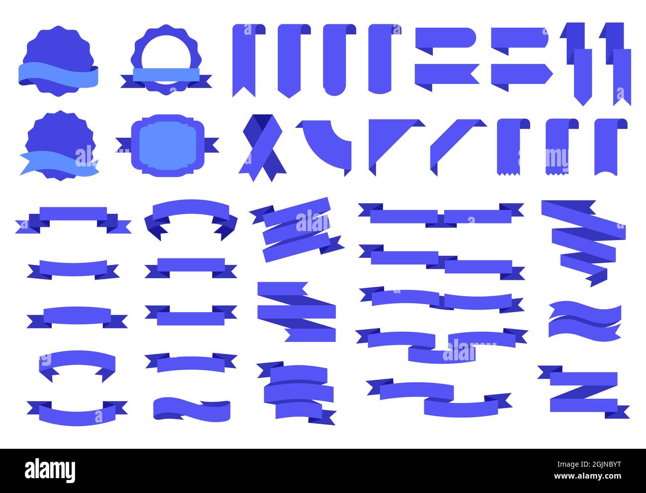 Etichette con bandiera blu e badge, etichette nastri banner. Elementi decorativi vintage nastro piatto, etichetta, angolo, tag, badge vettore set. Elementi di festa per la grande apertura, congratulazioni Illustrazione Vettoriale