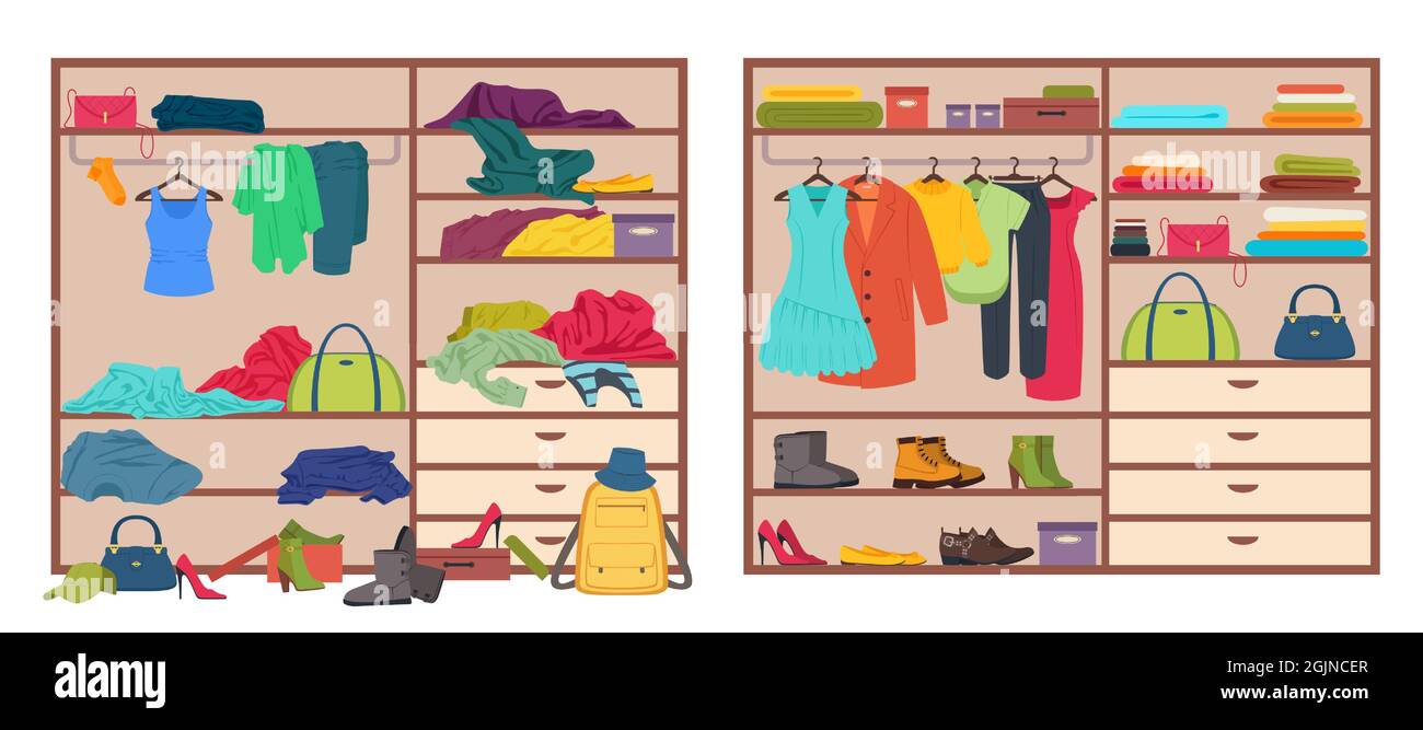 armadio caotico, armadio aperto prima e dopo l'organizzazione dei vestiti. guardaroba ordinato o disordinato, declassatore di abbigliamento e illustrazione vettoriale di organizzazione. Allestiti e sparsi abiti e accessori Illustrazione Vettoriale