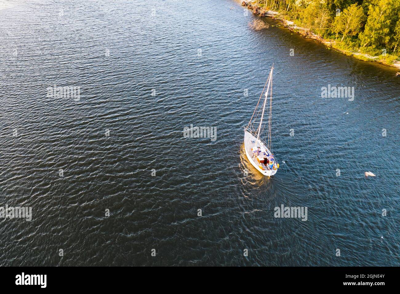 Vista dall'alto, splendida vista aerea di vela bianco lusso moderno non grande barca a vela o yacht con vela ripiegata a un estuario del fiume blu entra in mare vicino alla costa verde all'ora d'oro al tramonto Foto Stock