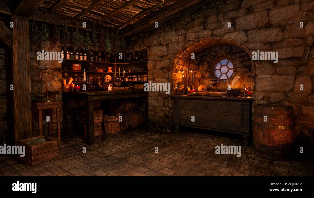 Illustrazione 3D di una strega fantasy o interno del cottage stregone illuminato da candele con pozioni magiche e incantesimi. Foto Stock