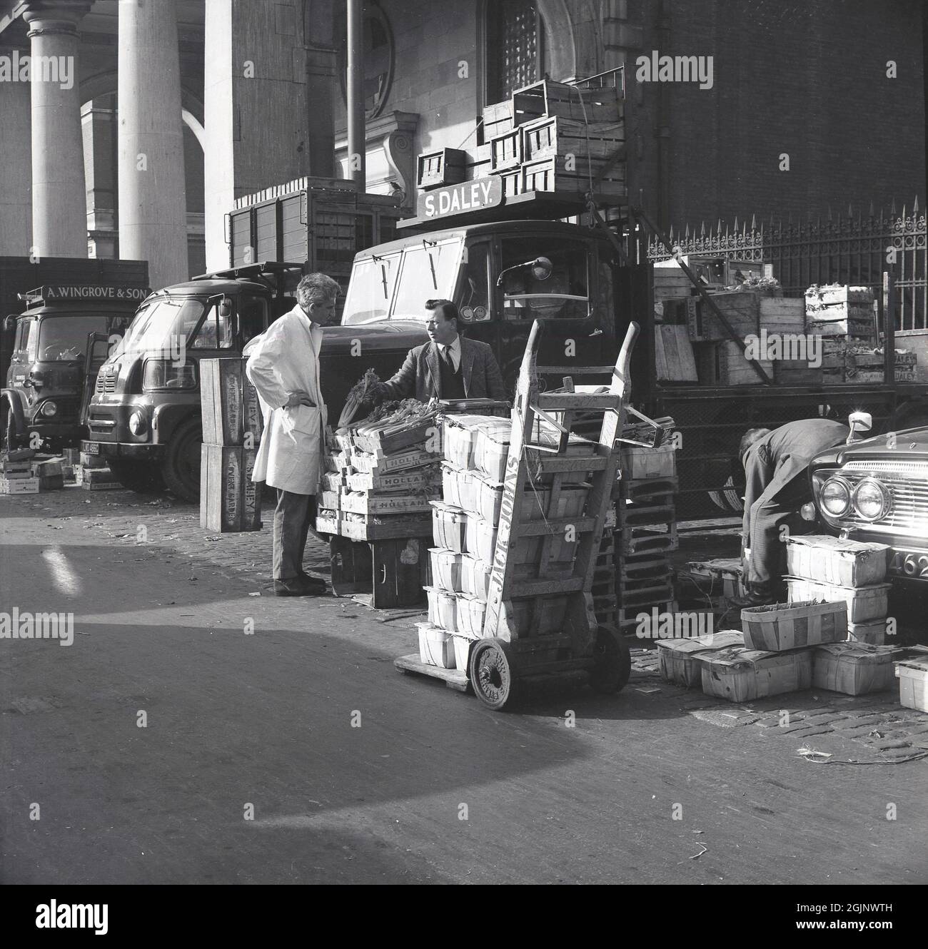 Anni '50, storico, nell'area di consegna del vecchio mercato di frutta, verdura e fiori di Covent Garden, nel centro di Londra, Inghilterra, Regno Unito, un commerciante di mercato che parla con un portiere, come casse di verdure, compreso il sedano dall'Olanda, sono scaricati da un camion al mercato di S. Daley. Le dimensioni del mercato erano tali che, alla sua altezza, avrebbe ricevuto quasi un terzo di tutti gli ortofrutticoli importati nel paese. A causa delle dimensioni in una piccola parte della città, nel 1974 il mercato è stato delocalizzato. Foto Stock