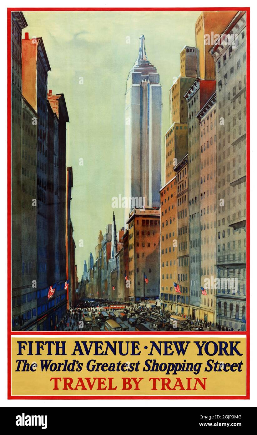Fifth Avenue, New York - la strada dello shopping più grande del mondo. Viaggia in treno con Frederic Kimball Mizen (1888-1964). Poster d'epoca restaurato pubblicato nel 1932 negli Stati Uniti. Foto Stock