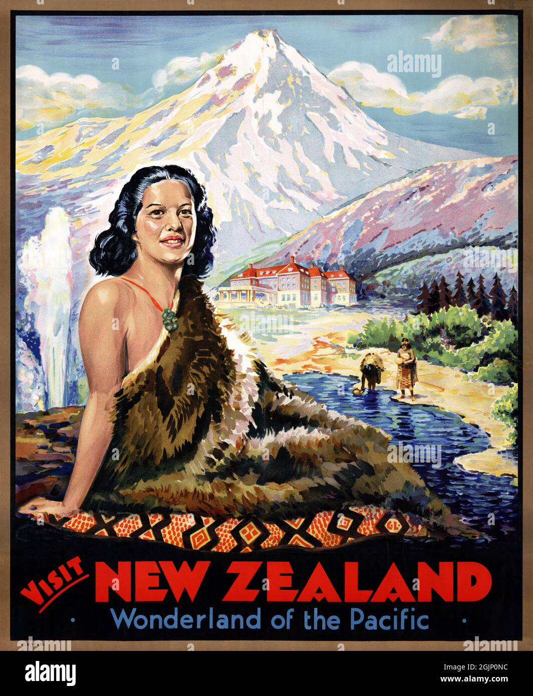 Visita New Zealand Wonderland of the Pacific di Carl Thorwald Laugesen (1900-1987).Poster d'epoca restaurato pubblicato nel 1935 in Nuova Zelanda. Foto Stock