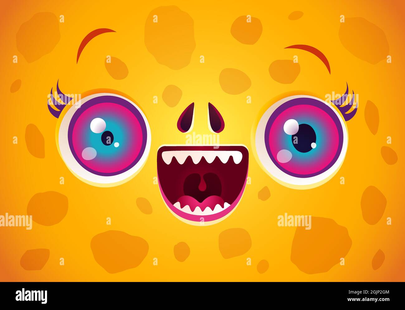 Vettore cute faccia di mostro giallo per maschera di Halloween. Kawaii volto di drago con occhi rossi per il costume di Halloween. Faccia divertente zombie. Illustrazione Vettoriale
