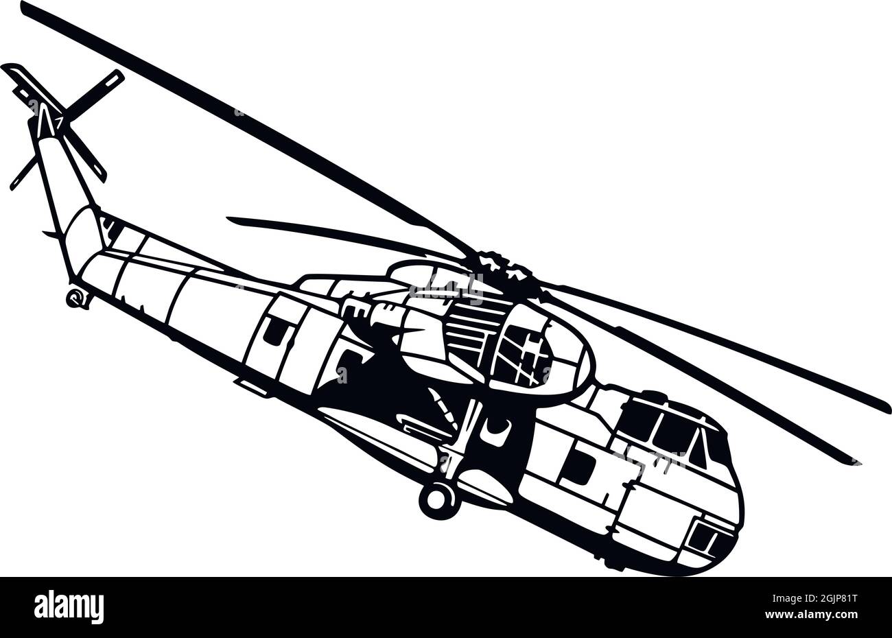 Silhouette in elicottero militare. Stencil isolato su sfondo bianco Illustrazione Vettoriale