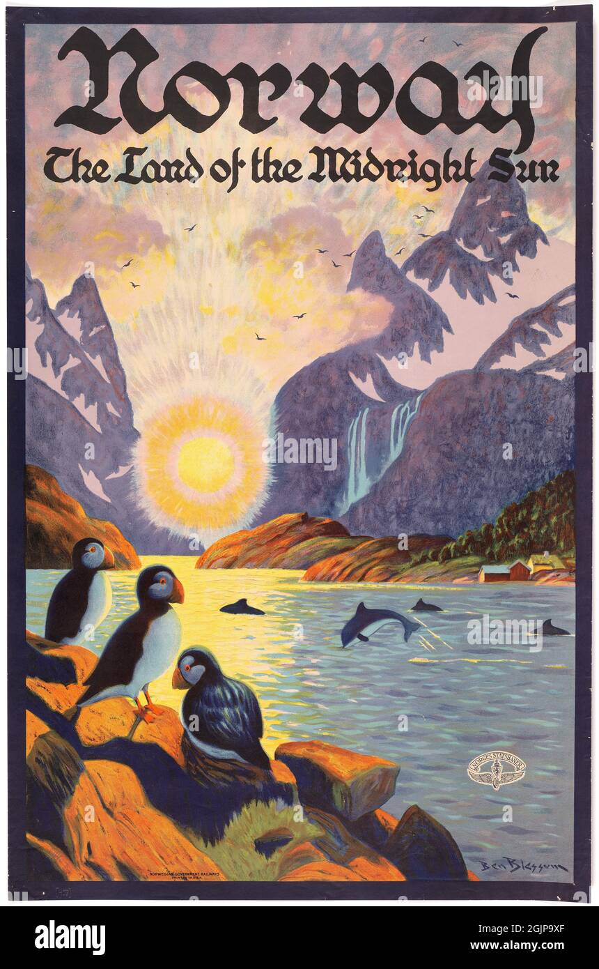 Poster di viaggio vintage. "Norvegia, la terra del Sole di mezzanotte". Ferrovie governative della Norvegia. Foto Stock