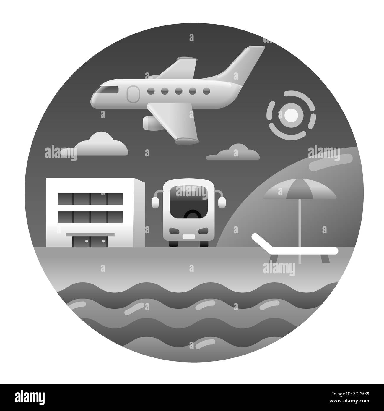 illustrazione del volo in aeroplano e dell'icona del resort estivo in scala di grigi dell'hotel Illustrazione Vettoriale