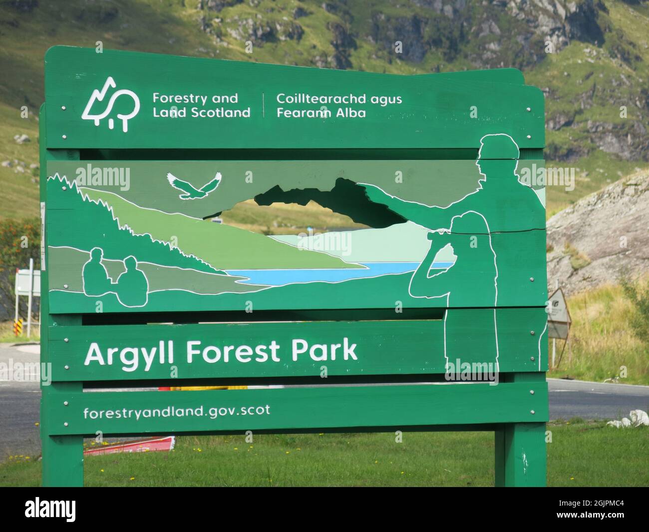 Forestry and Land Scotland: Il noteboard per Argyll Forest Park al resto e essere thankful punto di vista. Foto Stock