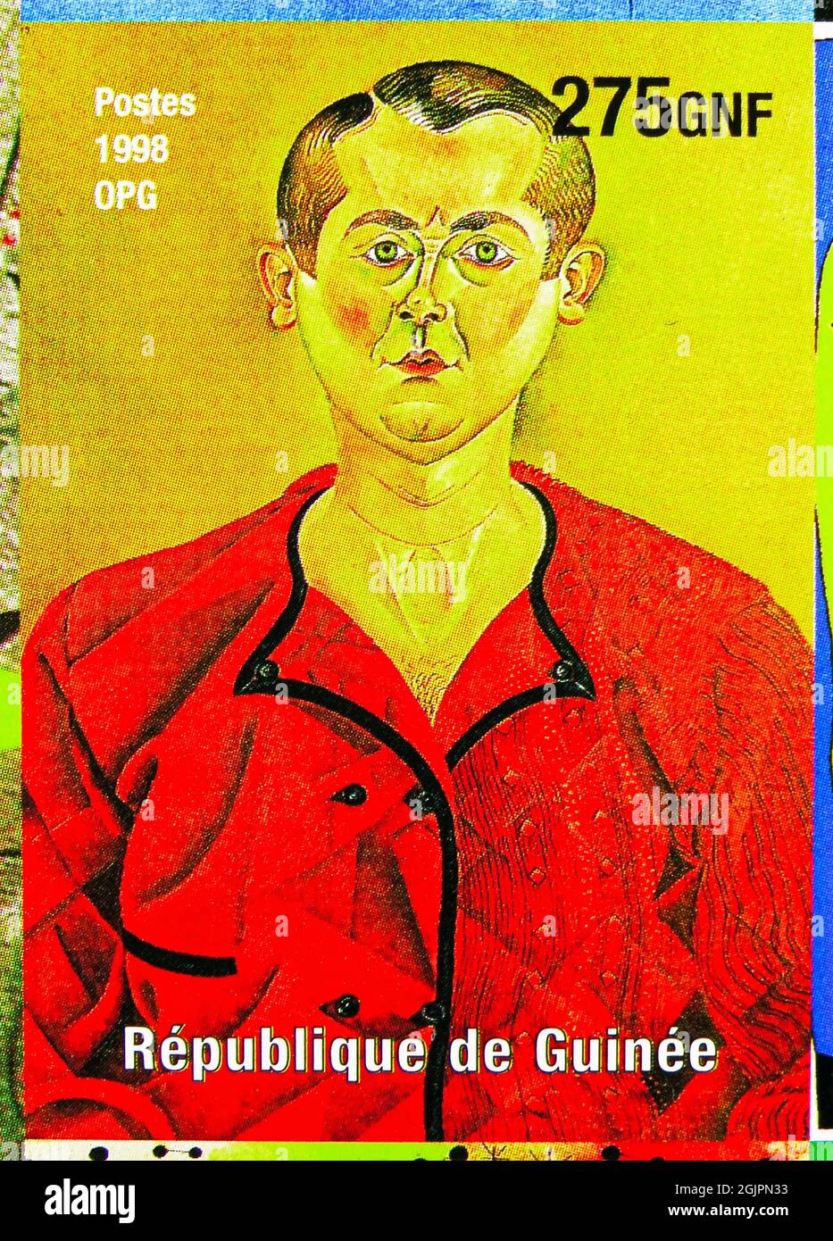 MOSCA, RUSSIA - 17 APRILE 2021: Francobollo stampato a Cinderellas mostra Joan Miro 1893-1983, Autoritratto, Guinea serie, circa 1998 Foto Stock