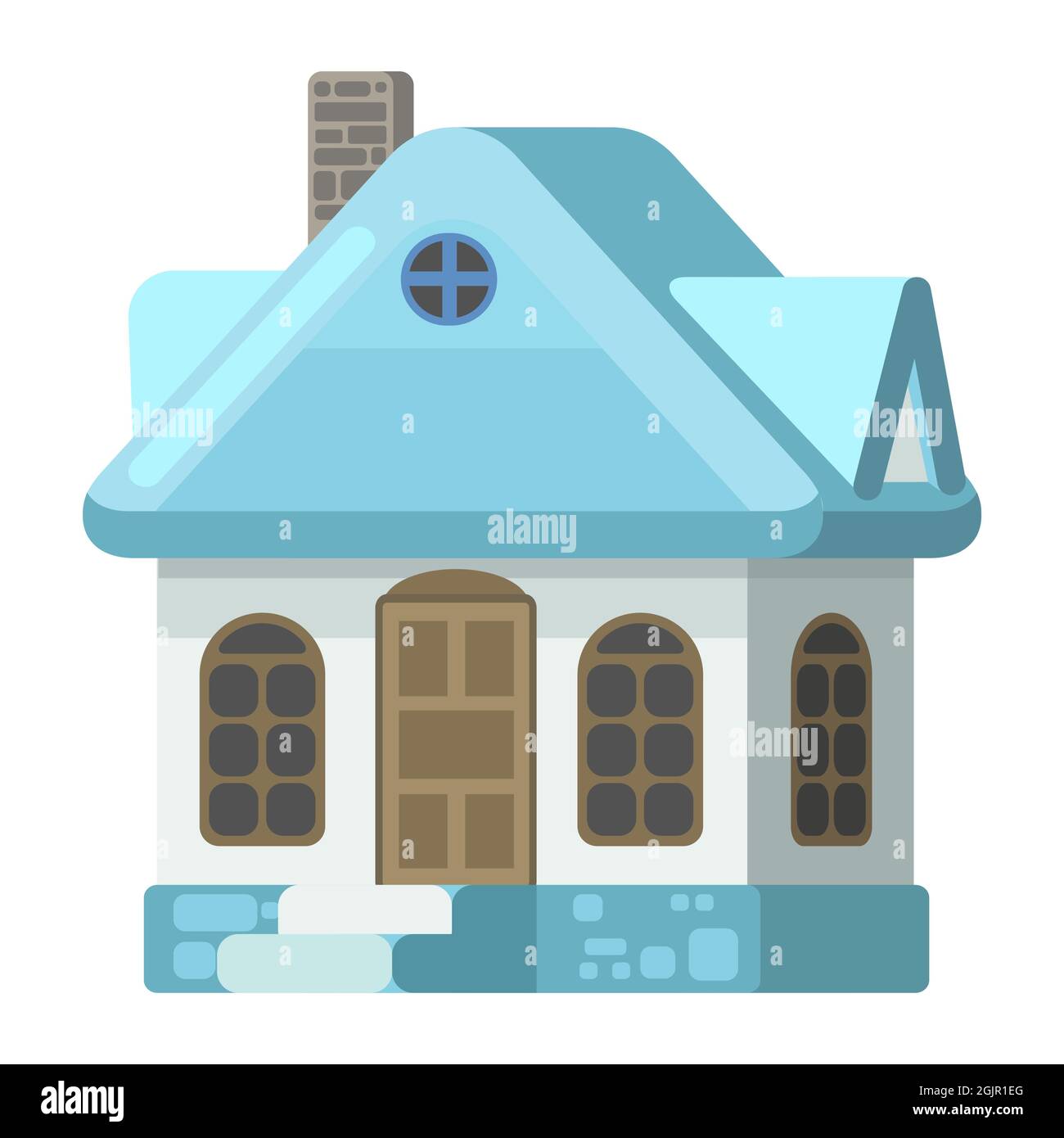 Piccola casa di campagna con pareti di pietra chiara e tetti blu. Divertente stile cartoon. Paese suburbano villaggio. Architettura tradizionale semplice Illustrazione Vettoriale