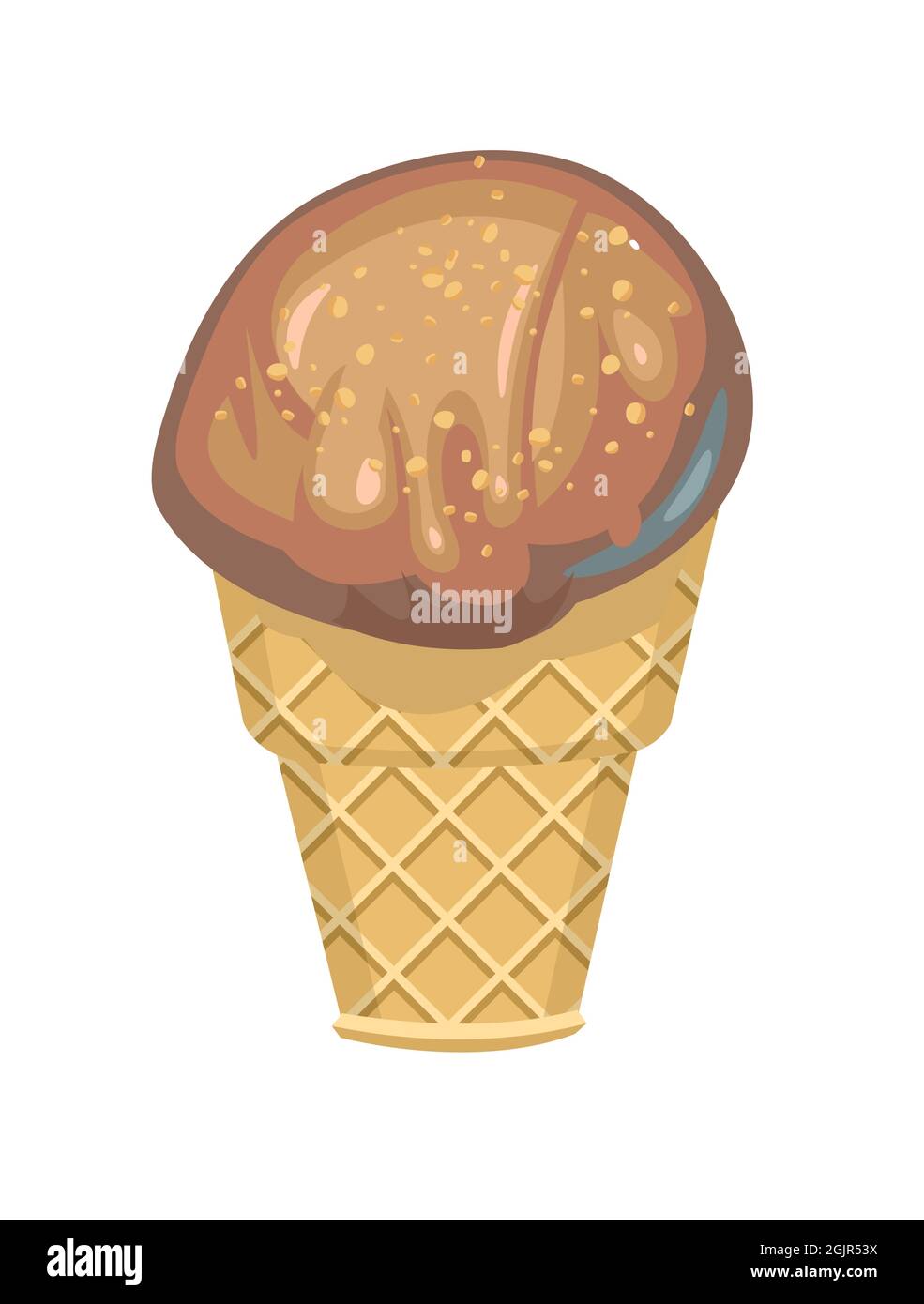 Gelato al cioccolato. Dessert estivo. Design piatto. In un bicchiere da waffle. L'oggetto è isolato su sfondo bianco. Illustrazione del vettore Illustrazione Vettoriale