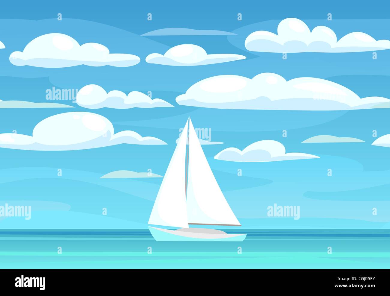 Barca a vela. Mare blu calmo. Monoscafo bianco con linee di scafo classiche. Cielo e nuvole. Vista da lontano. Stile piatto. Vettore. Illustrazione Vettoriale