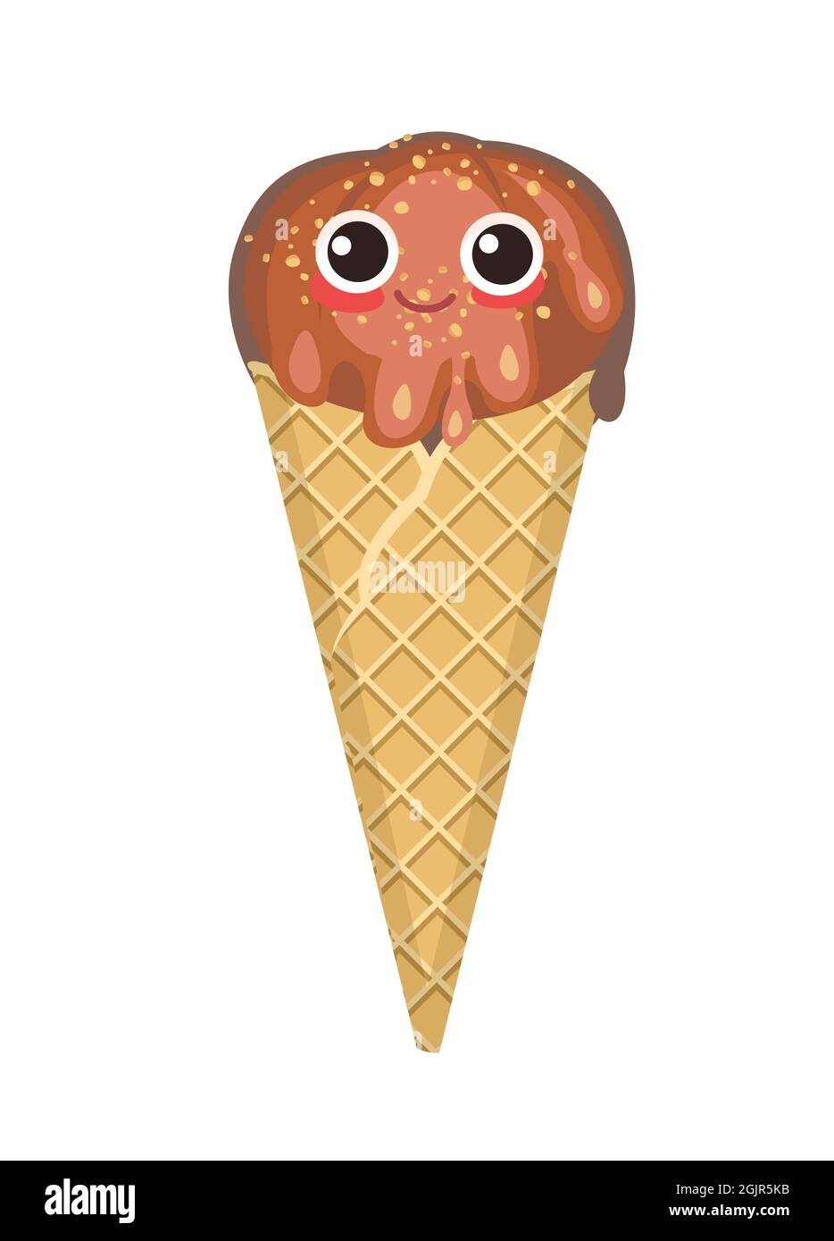 Gelato al cioccolato. In un cono waffle. Dessert estivo. Design piatto. Dadi. Fumetto divertente personaggio. L'oggetto è isolato su un bianco Illustrazione Vettoriale