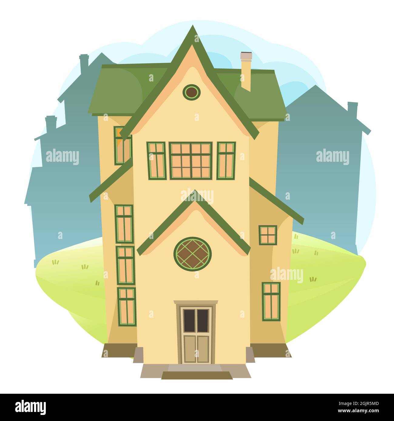 Cartoon casa nel prato. Silhouette cittadina. Splendida vista. Accogliente dimora rustica in stile europeo tradizionale. Paesaggio rurale. Bella casa divertente Illustrazione Vettoriale