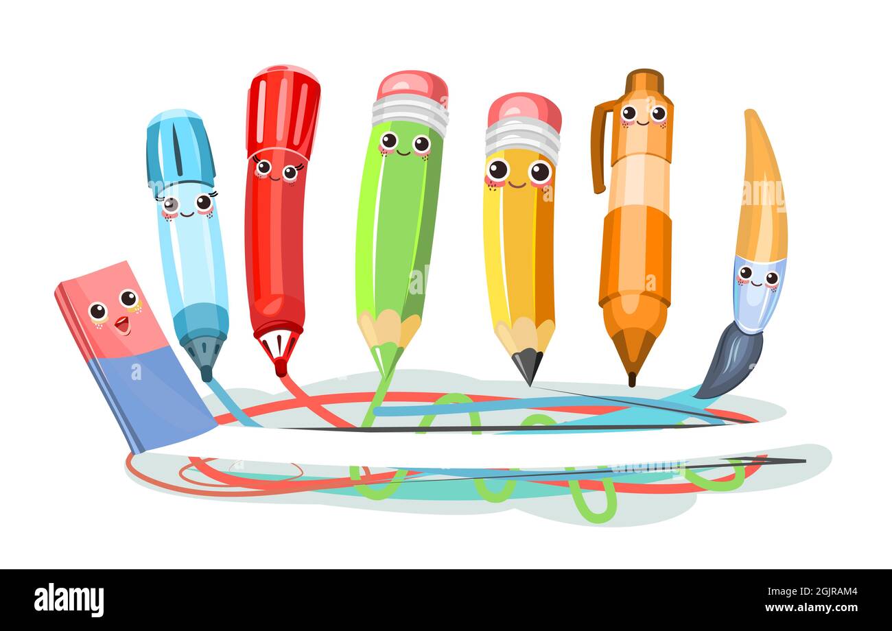 Cancelleria. Personaggi cartoni animati con volti. Pennarelli e matite creano arte. Eraser lo pulisce. Personaggi allegri con sorrisi. Strumenti per la verniciatura Illustrazione Vettoriale