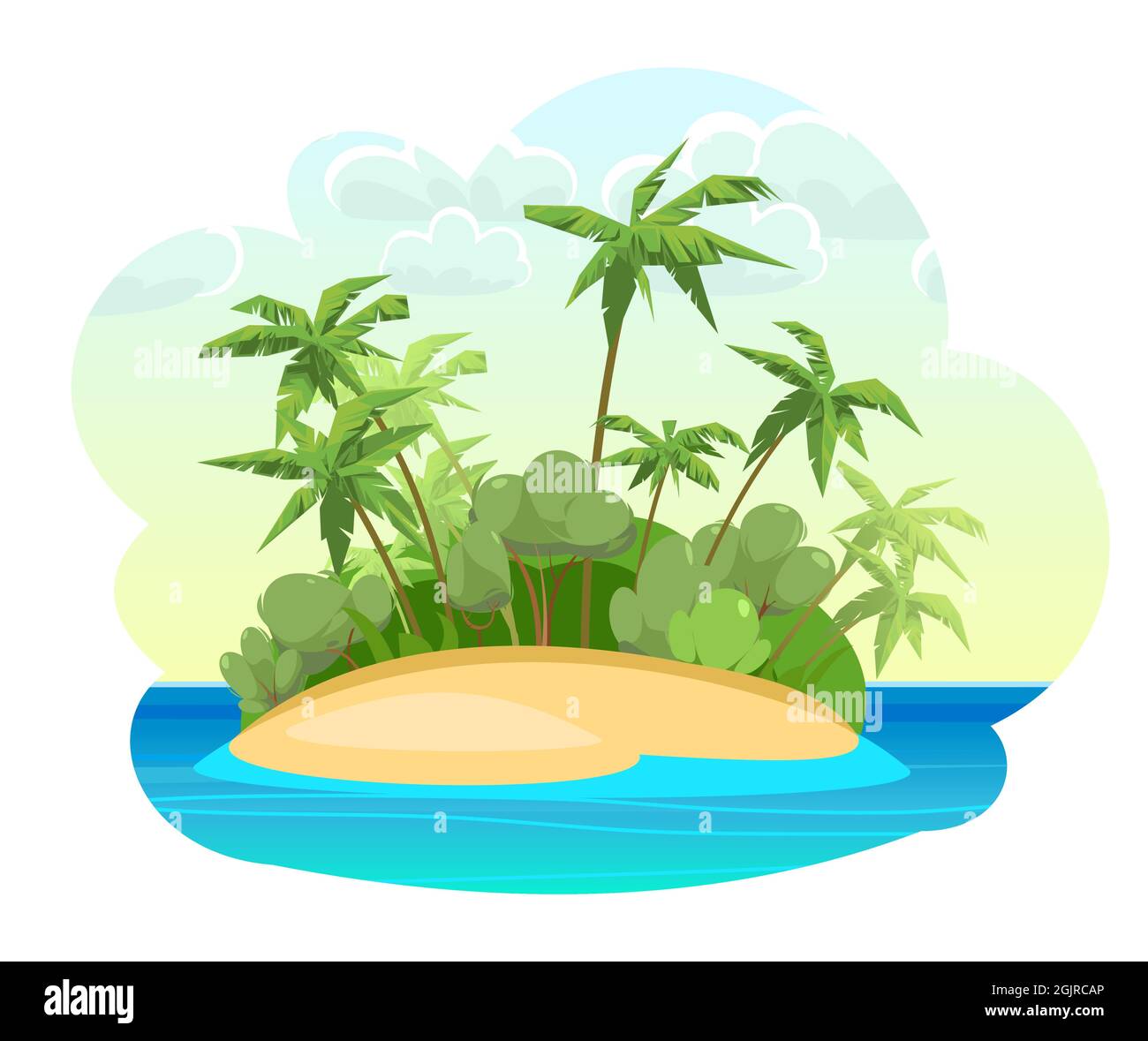 Green Island nell'oceano. Stile cartoon. Mare blu e calmo. Giungla di palme. Illustrazione del design piatto. Isolato su sfondo bianco. Vettore. Illustrazione Vettoriale