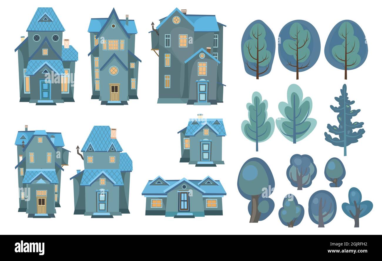 Set di case cartoni animati e alberi. Di notte. Una bella, accogliente casa di campagna in un tradizionale stile europeo. Collezione di case funny carino. Oscurità Illustrazione Vettoriale