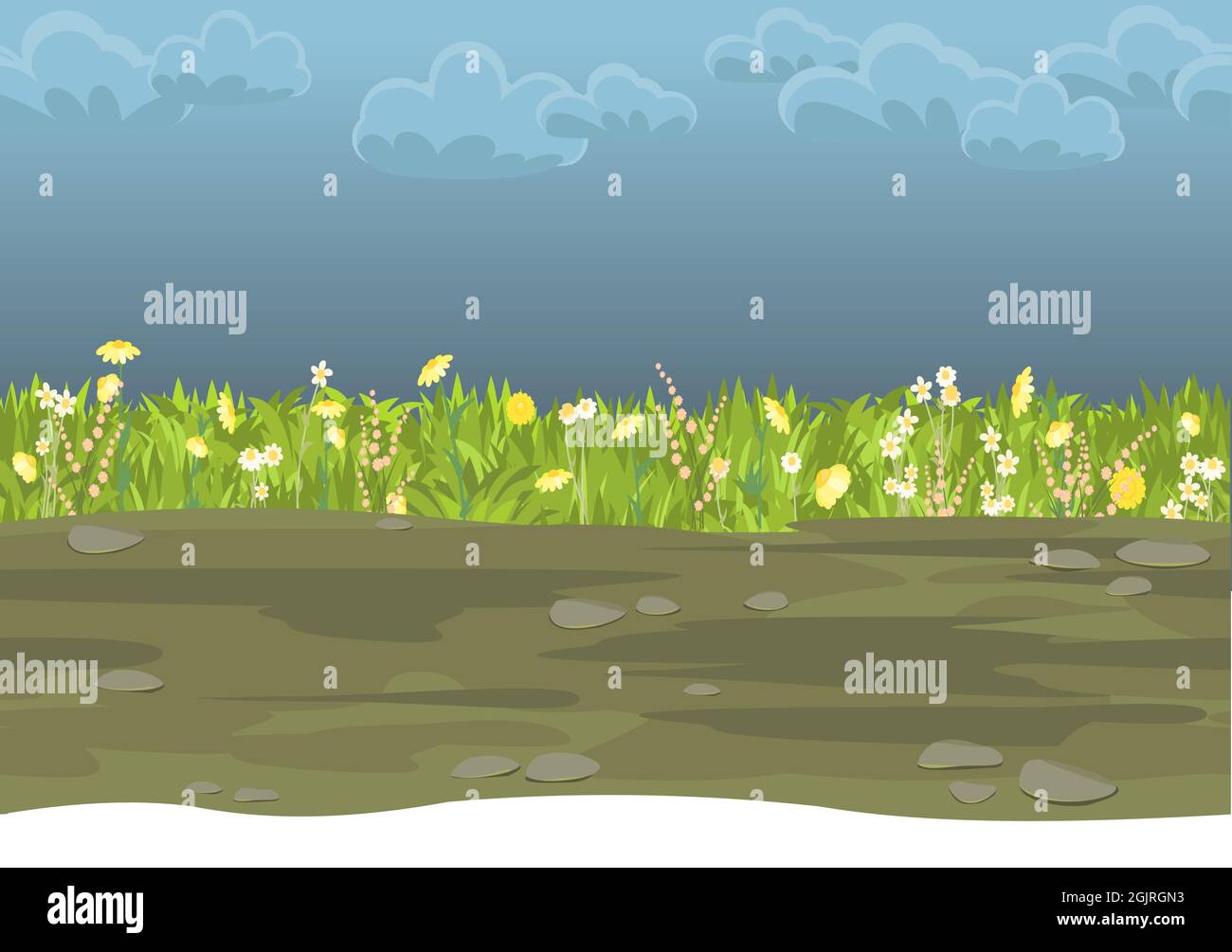 Strada senza interruzioni. Composizione del bordo orizzontale. Paesaggio prato estivo. Erba succosa. Paesaggio rurale rustico. Disegno di cartone animato. Illustrazione grafica piatta Illustrazione Vettoriale