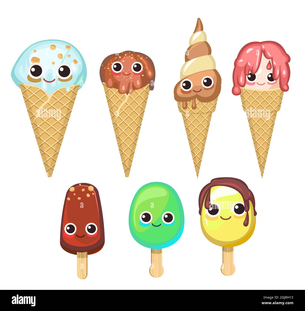Gelato in un cono di waffle, pop cicle su un bastone. Prodotti lattiero-caseari dolci estivi. Fumetto personaggio fiaba. Latte, cioccolato e frutta. Isolato su Illustrazione Vettoriale