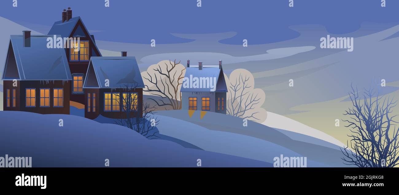 Villaggio. Case rurali in inverno. Notte di Natale. Serata tranquilla e gelida. Il tetto a timpano è coperto di neve. Paesaggio di campagna piacevole e accogliente. Piatto Illustrazione Vettoriale