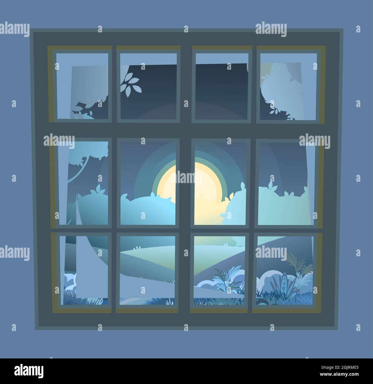 La finestra è rettangolare. Con davanzale e frammenti di parete. Luce lunare. Vista sul paesaggio estivo. Stile cartoon. Design piatto. Vettore Illustrazione Vettoriale