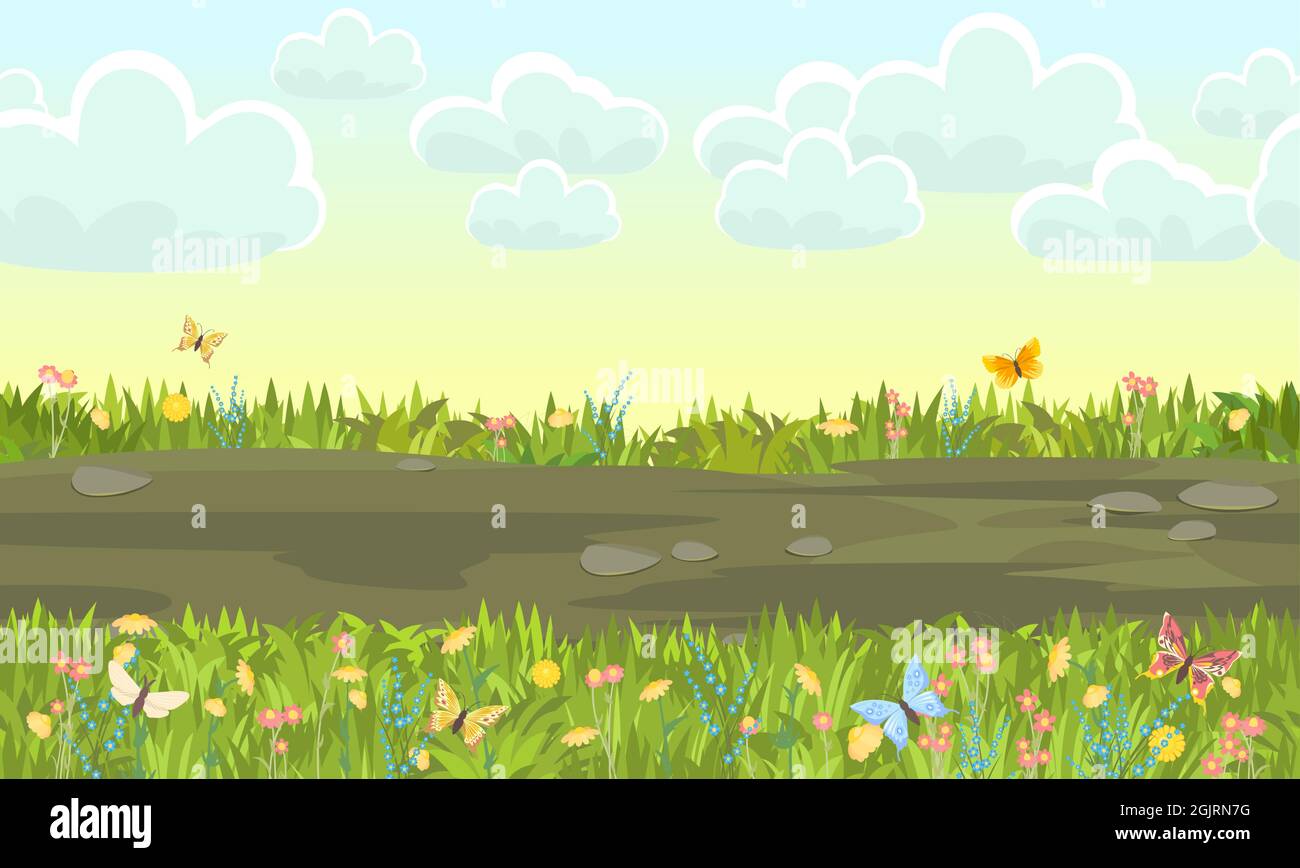 Strada di sabbia senza cuciture. Composizione del bordo orizzontale. Paesaggio prato estivo. Erba succosa. Paesaggio rurale rustico. Disegno di cartone animato. Stile piatto Illustrazione Vettoriale