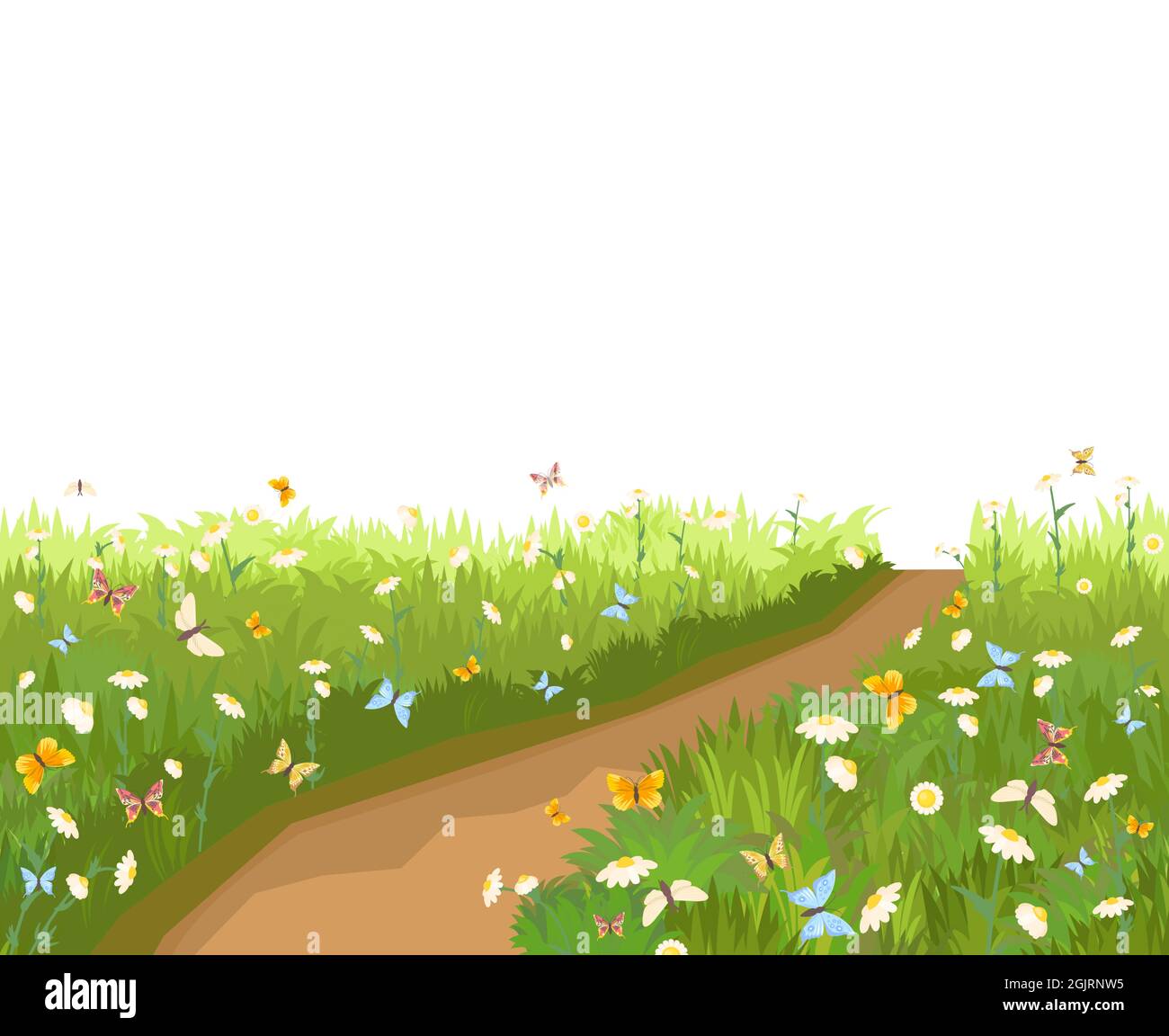 Strada. Prato con fiori selvatici e farfalle. Illustrazione. Primo piano dell'erba. Paesaggio verde. Isolato. Stile cartone animato. Design piatto. Fiori. Vettore Illustrazione Vettoriale