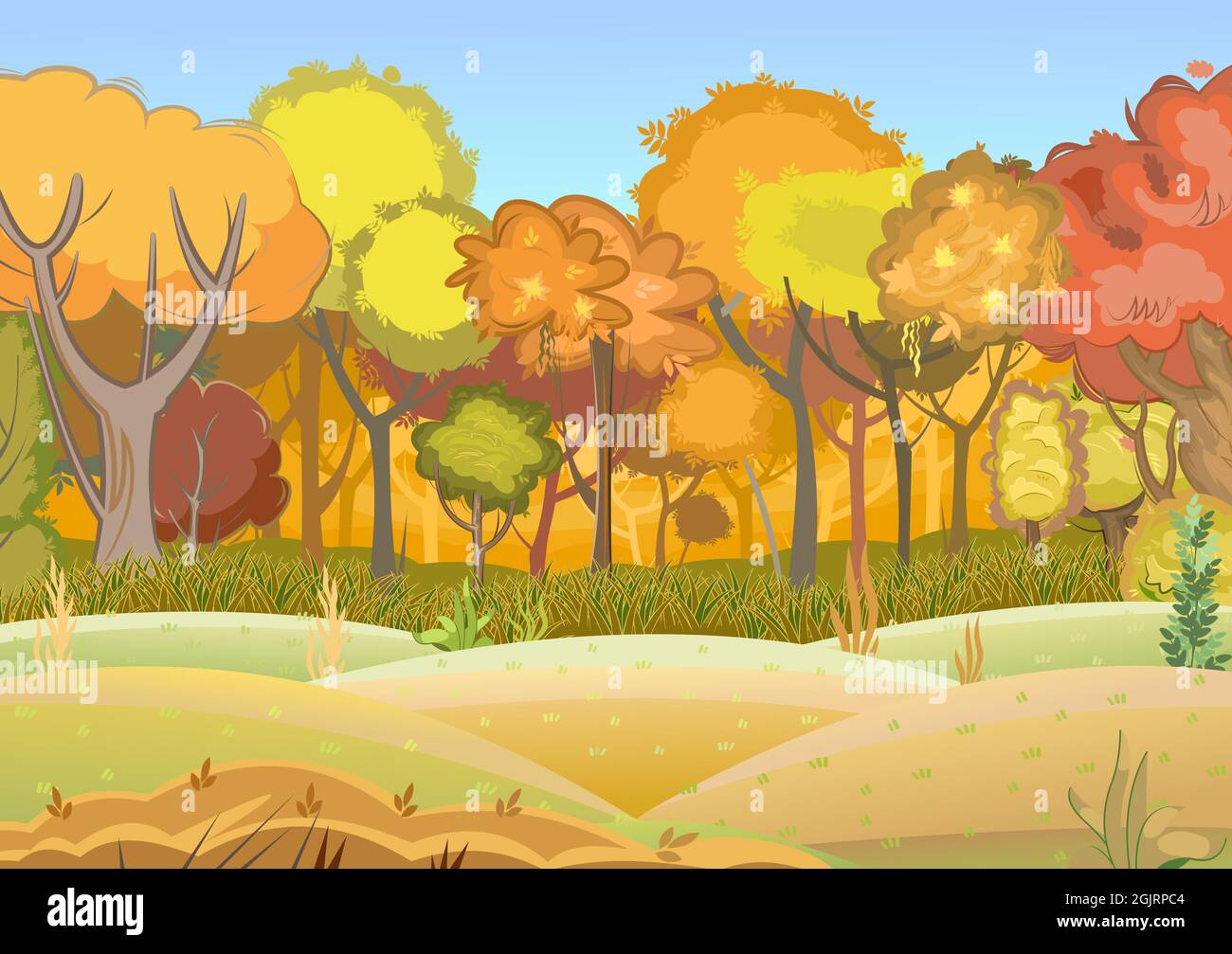 Autunno foresta. Piante verdi, gialle e rosse. Il bordo delle colline. Glade e prato. Alberi belli e graziosi. Stile piatto. La fine dell'estate Illustrazione Vettoriale