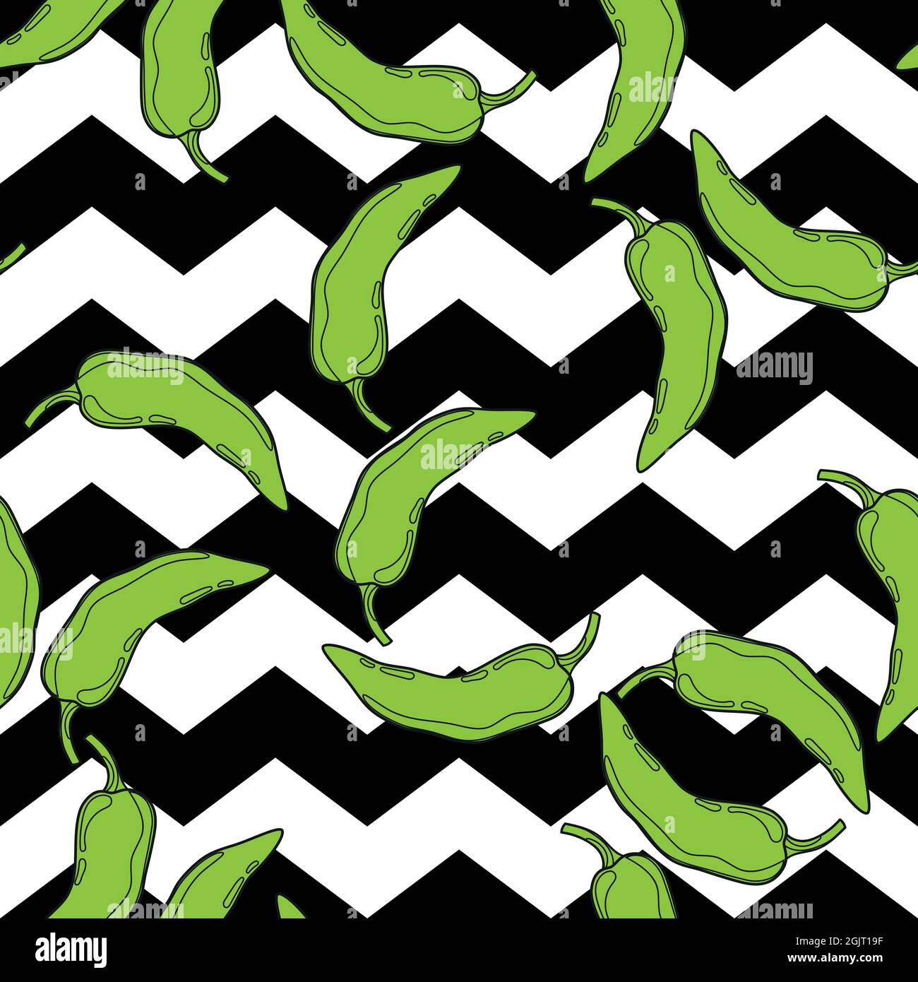 Pepper verde su pattern senza giunture vettoriale di sfondo geometrico. Verdure piccanti messicane. Tessuto di paprika caldo. Illustrazione Vettoriale