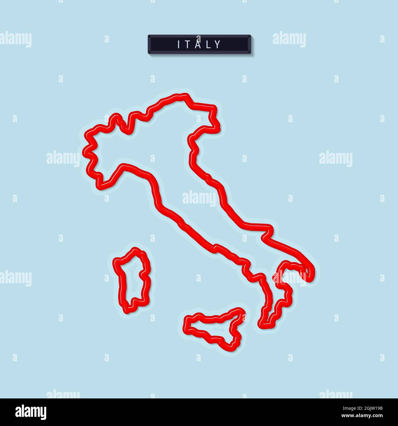 Mappa a linee grassetto per l'Italia. Bordo rosso lucido con ombra morbida.  Targhetta del paese. Illustrazione Foto stock - Alamy