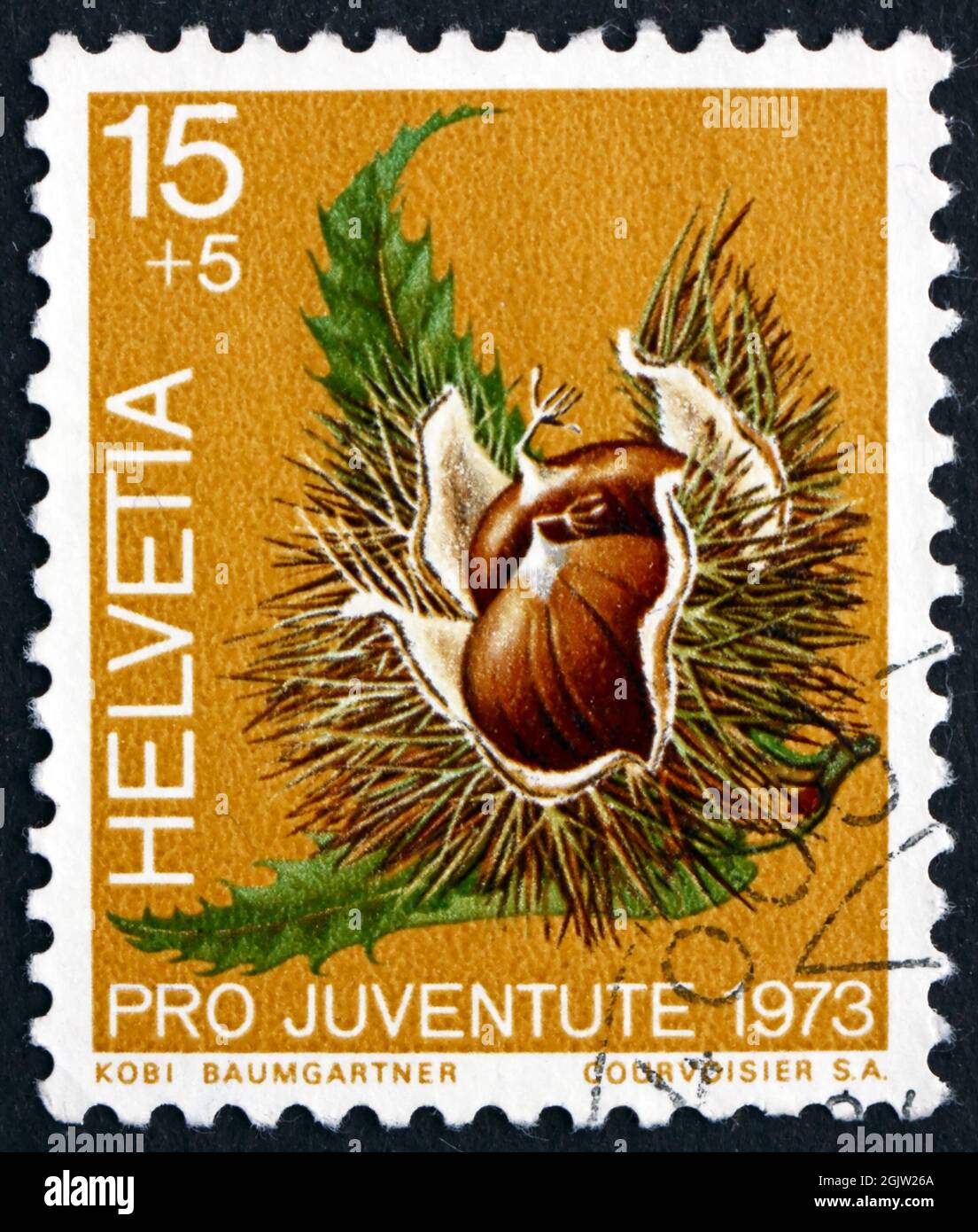 SVIZZERA - CIRCA 1973: Un francobollo stampato in Svizzera mostra Castagna, Castanea Sativa, frutta della foresta, circa 1973 Foto Stock