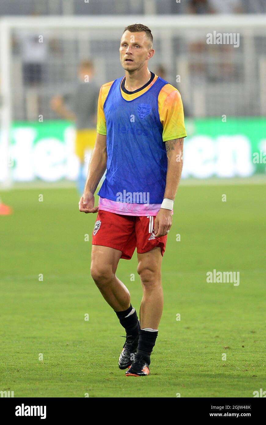 Washington, DC, Stati Uniti. 28 agosto 2021. 20210828 - D.C. il centrocampista FREDERIC BRILLANT (13) si riscalda prima della partita MLS contro la Philadelphia Union presso l'Audi Field di Washington. (Credit Image: © Chuck Myers/ZUMA Press Wire) Foto Stock