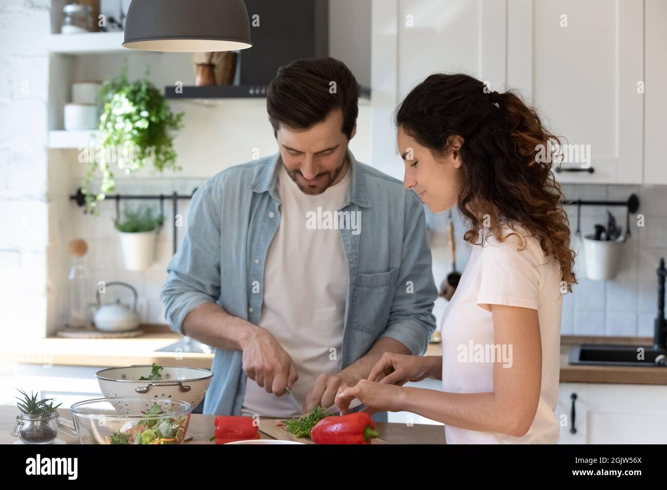 Coppia sposata che cucinano insieme in una cucina accogliente Foto Stock