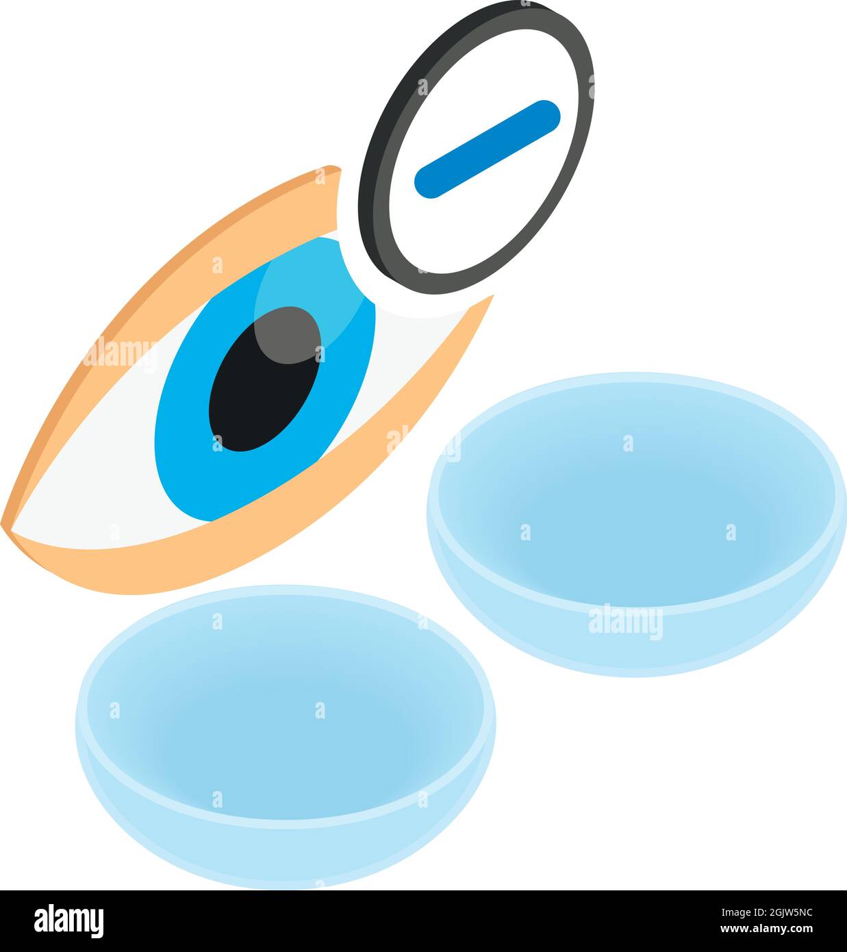 Icona Vision Care vettore isometrico. Aprire l'occhio umano, le lenti a contatto e il segno meno. Salute dell'occhio, miopia, concetto di oftalmologia Illustrazione Vettoriale