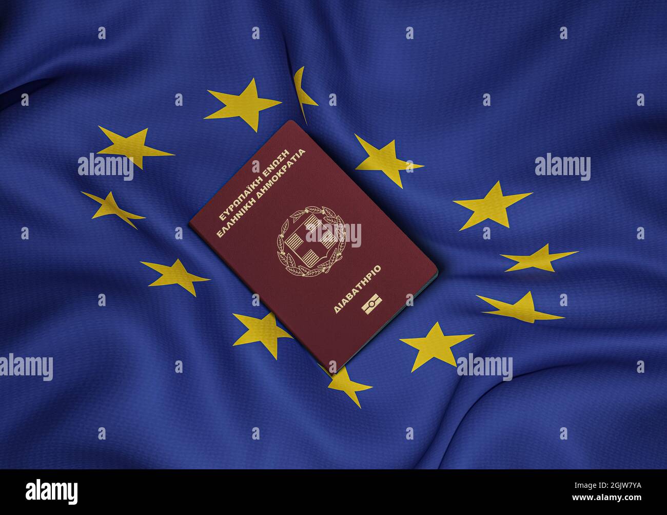 Passaporto della Grecia con bandiera dell'Unione europea, centro, vista  dall'alto Foto stock - Alamy