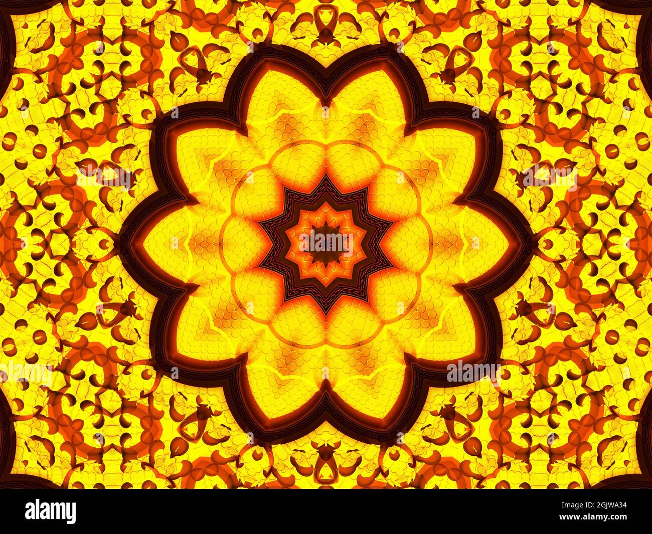 Sfondo caleidoscopio di fiori di sole. Bellissimi girasoli gialli senza cuciture. Unica texture a mosaico del caleidoscopio. Estate tempo fiori tema Foto Stock