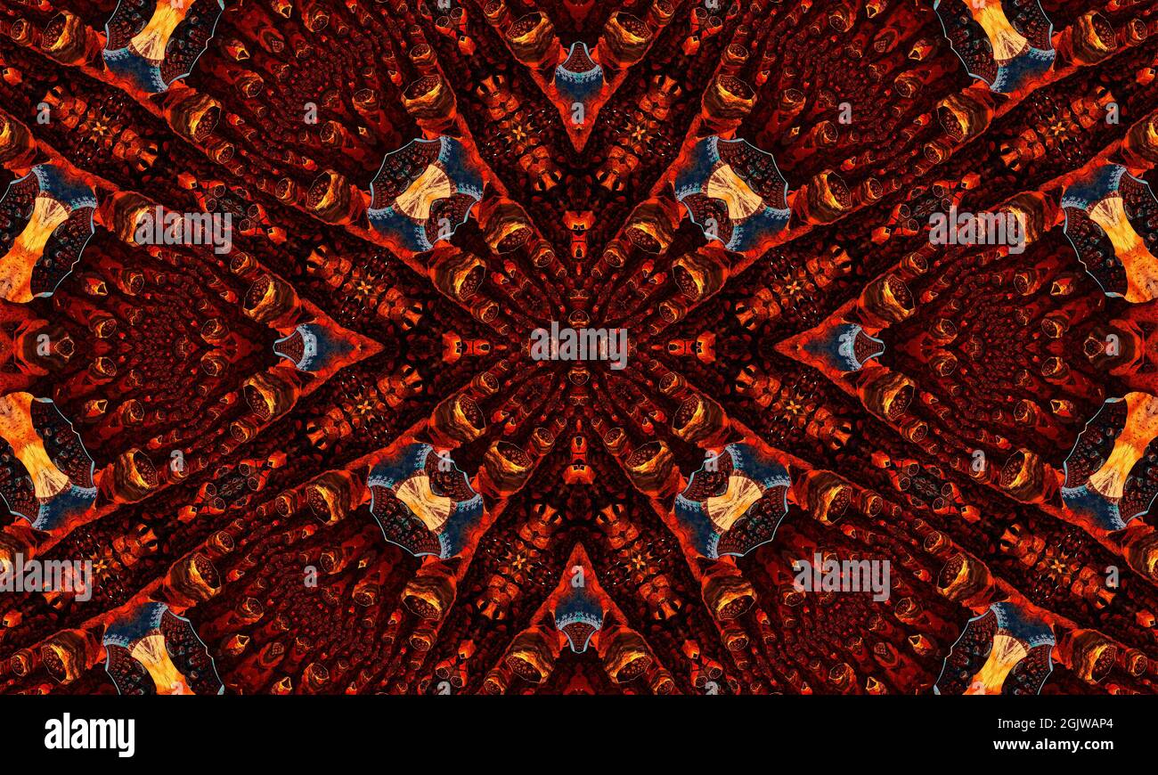 Caleidoscopio allo zenzero. Carta da parati groovy. Zenzero ripetere Batik. Colore geometrico nero. Orrore psichedelico mistico. Rug geometrico bianco. Wa Mystic senza giunture Foto Stock