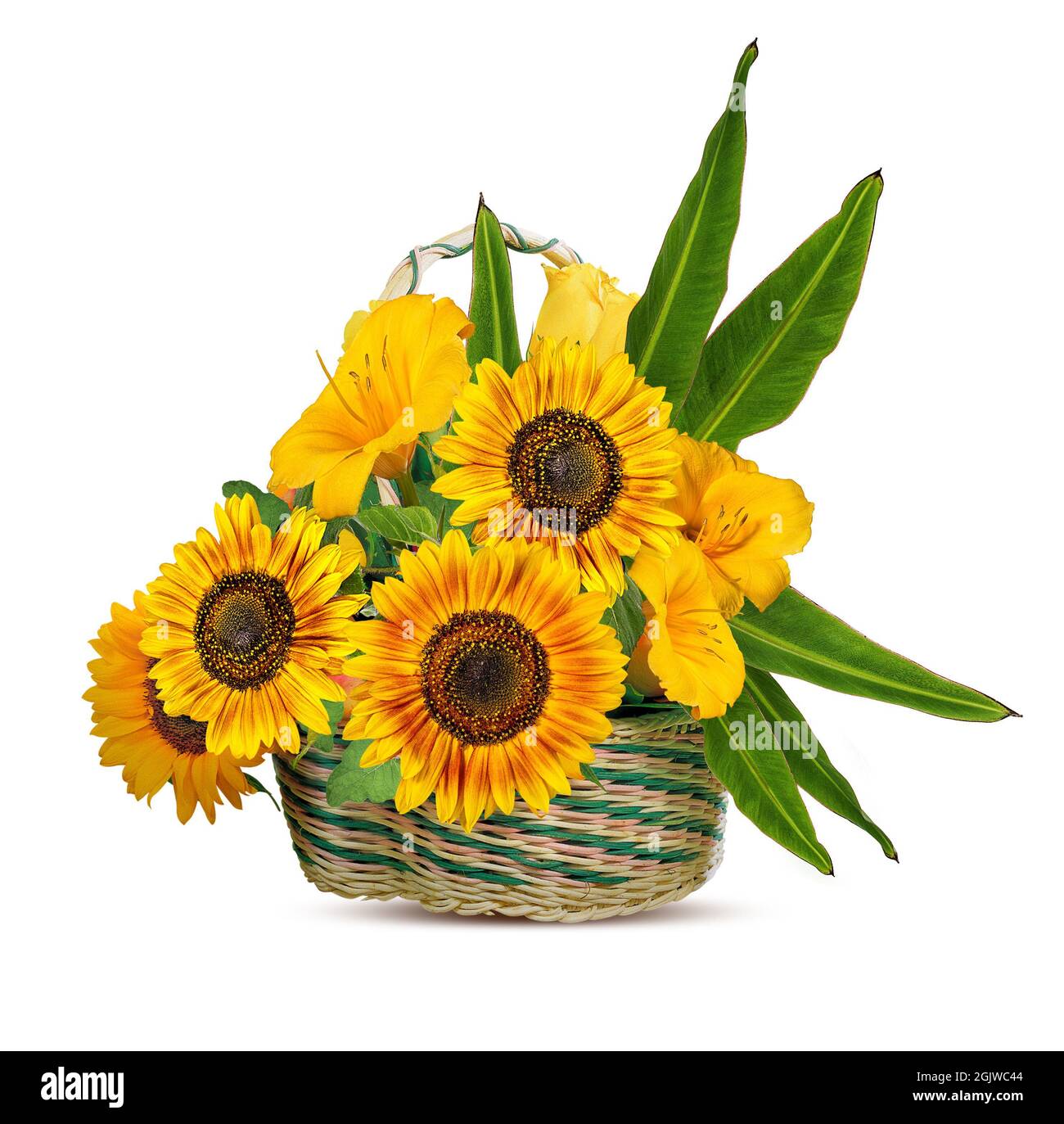 Bouquet di girasoli e gigli in un cestino, isolato Foto Stock