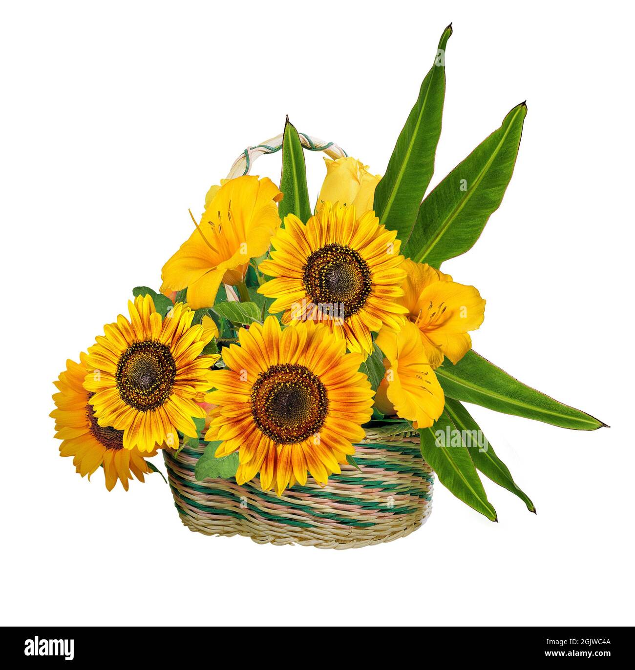 Bouquet di girasoli e gigli in un cestino, isolato Foto Stock