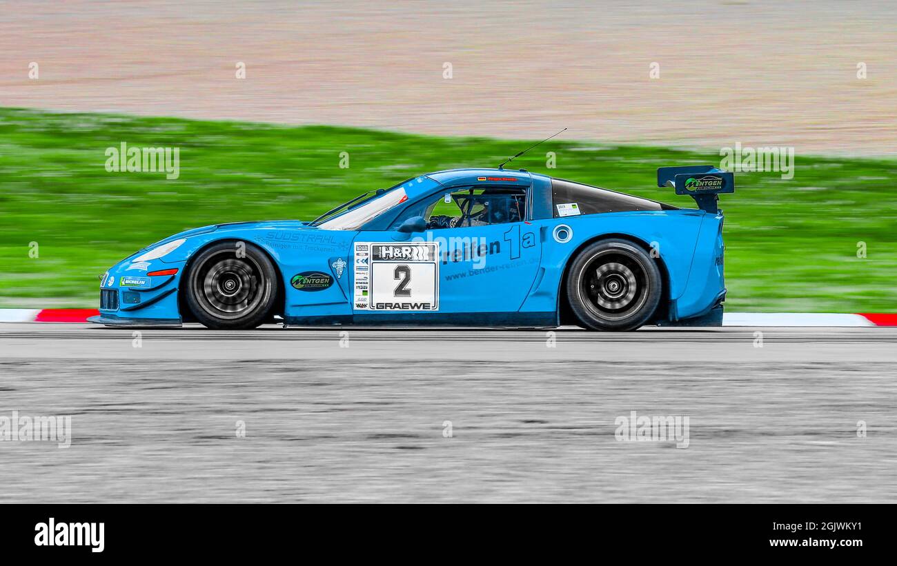 Oschersleben, Germania, 28 aprile 2019: Il pilota da corsa Jurgen Bender guida una Chevrolet Corvette Z06 GT durante il Trofeo Spezial Tourenwagen di Oscher Foto Stock