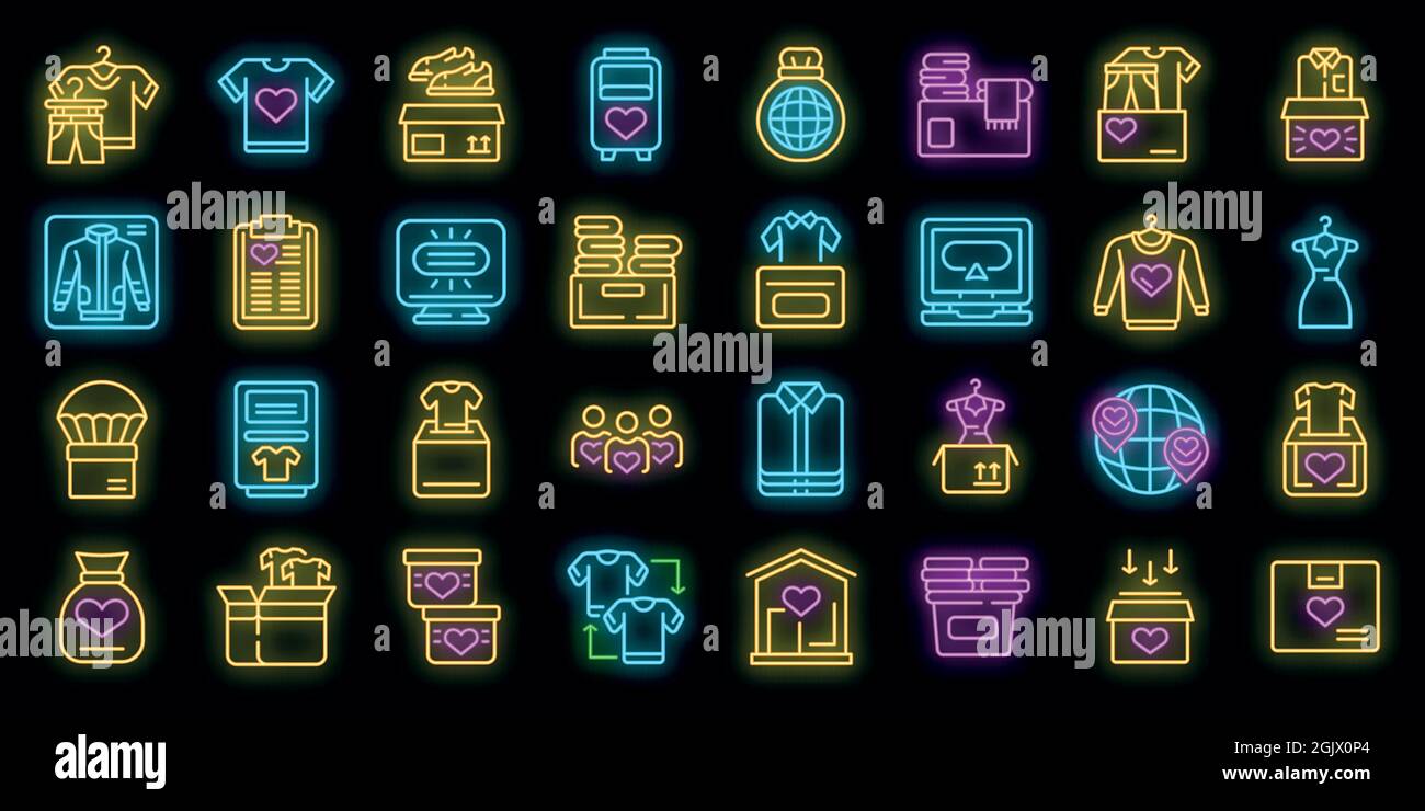 Set di icone per la donazione di abiti. Contorno set di abiti donare icone vettoriali neon colore nero Illustrazione Vettoriale