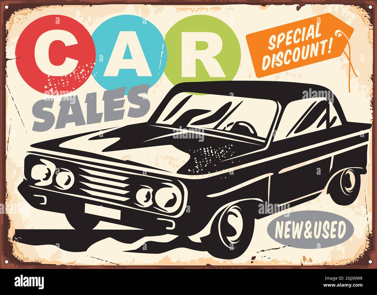 Vendita auto vintage pubblicità commerciale su vecchia struttura di metallo arrugginito. Illustrazione Vettoriale