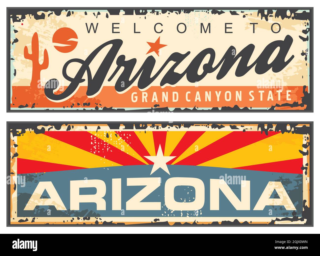 Targhetta ricordo retrò dell'Arizona state con bandiera dell'Arizona e scritta creativa. Vintage vettore di targa di viaggio USA stati simboli Illustrazione Vettoriale