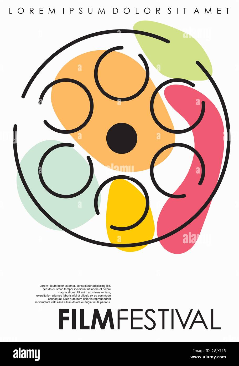 Poster artistico contemporaneo per festival cinematografico con rotolo di film colorato. Grafica vettoriale astratta del volantino cinematografico. Design creativo e divertente. Illustrazione Vettoriale