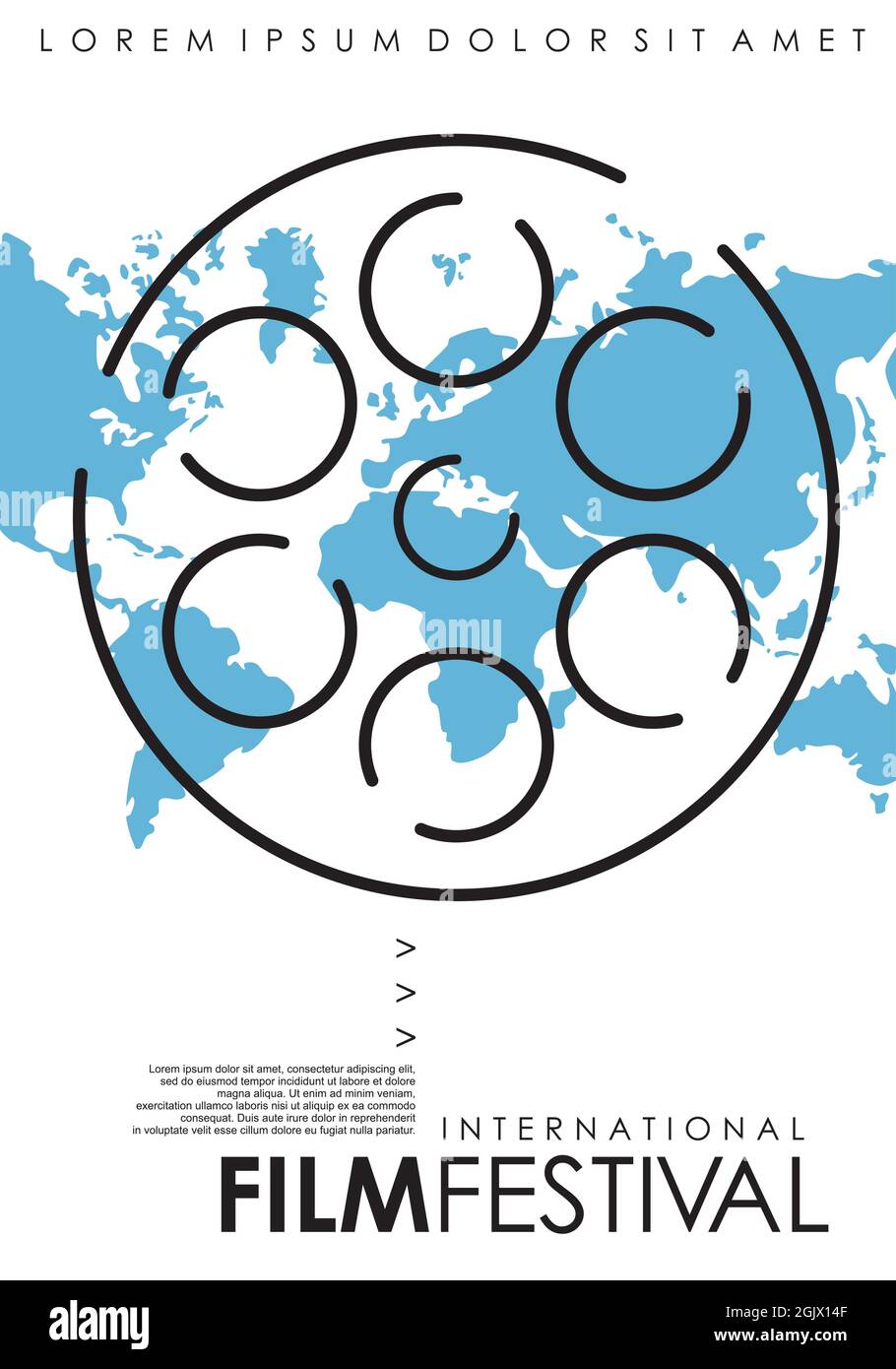 Festival Internazionale di film minimo poster design con line art film bobina e blu mappa del mondo. Concetto di modello di volantino per l'evento cinematografico Illustrazione Vettoriale