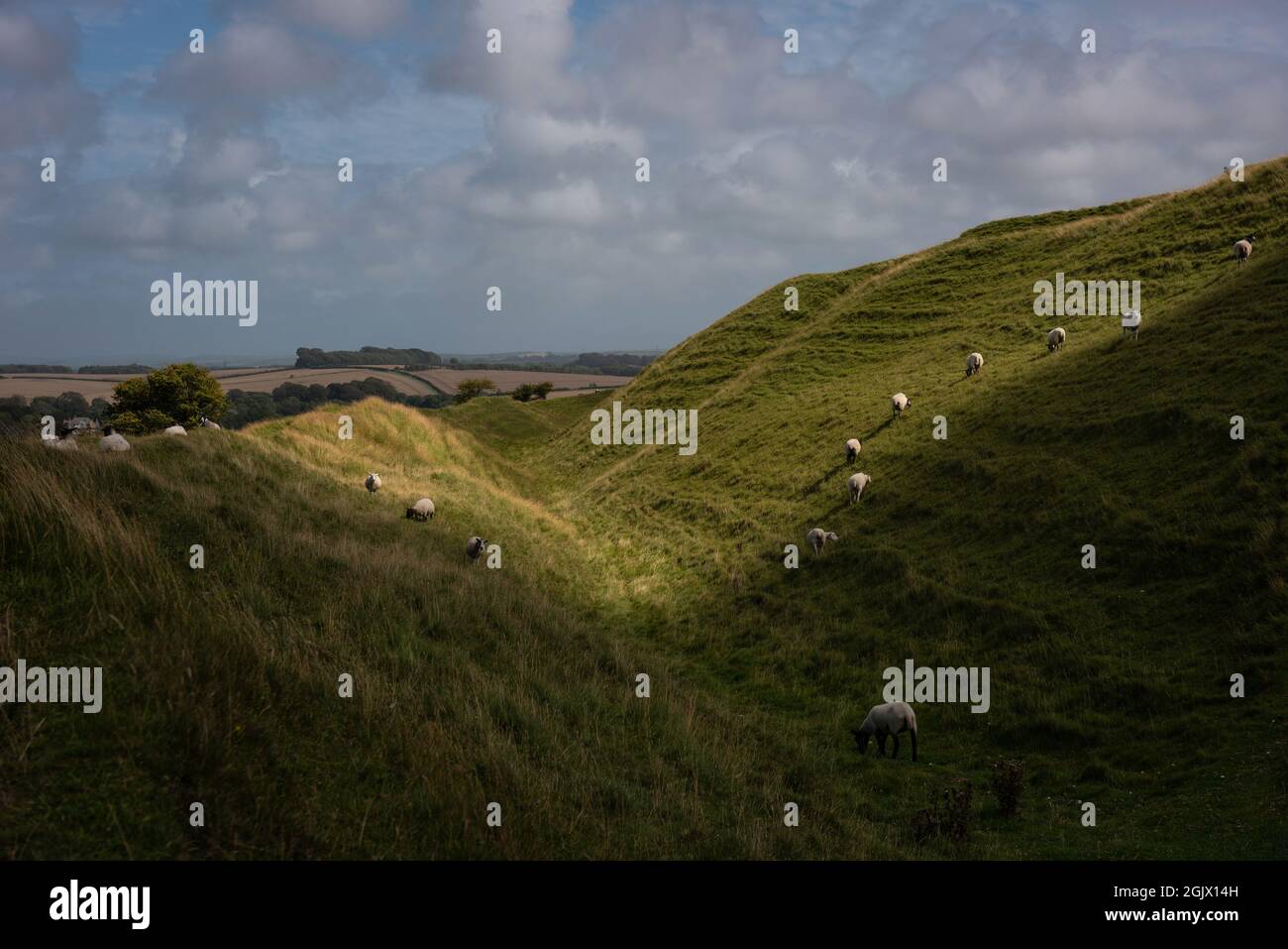 Maiden Castle, il più grande forte della collina dell'età del ferro nel Regno Unito Foto Stock