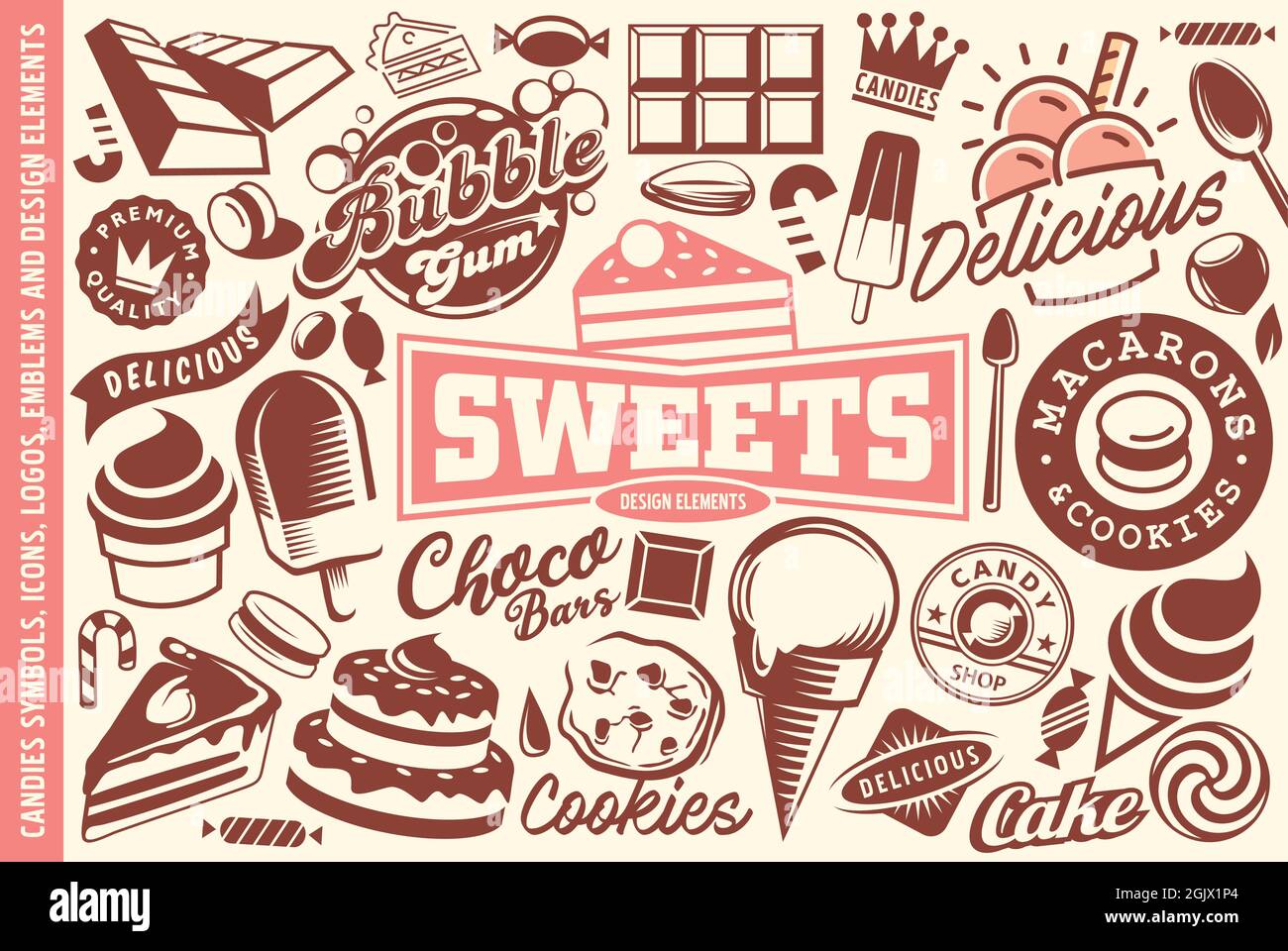 Dolci, dolci, gelati, torte, caramelle e biscotti raccolta di loghi, grafica, simboli, emblemi icone ed elementi di design. Vettore alimentare dolce Illustrazione Vettoriale